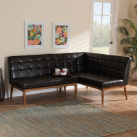 Baxton Studio BBT8051.11-Dark BrownWalnut-2PC SF Bench Baxton Studio Sanford Mid-Century Modern Dark Brown Faux Leather Upholstered and Walnut Brown Finished Wood 2-Piece Dining Nook Banquette Set